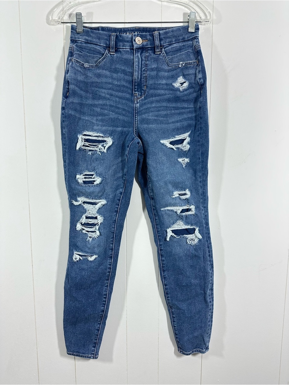 American Eagle Sz 4 Curvy High Rise Jegging The Dream Jean Distressed Denim
